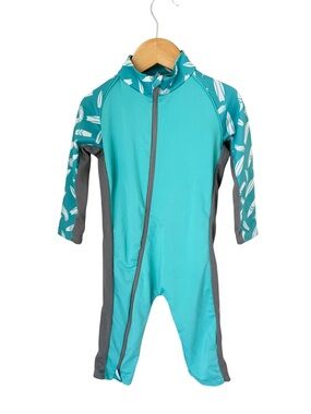 Stonz Teal & Gray Kids Long-Sleeve One-Piece Rashguard with Feather Print